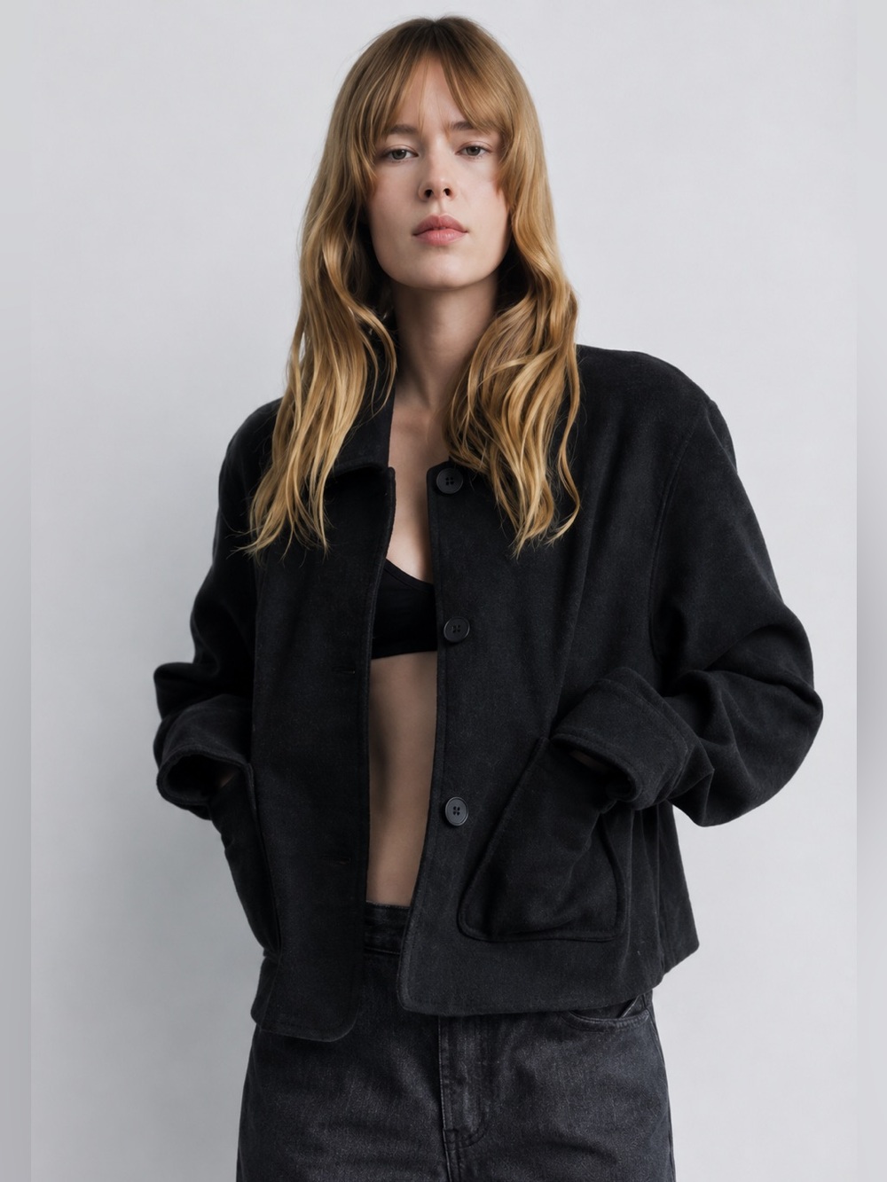 Zara Black Button Jacket With Front Pockets